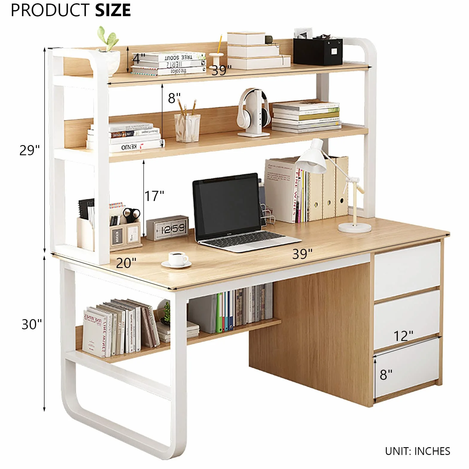 Scrivania industriale per casa e ufficio con armadio e boohelf, scrivania in rovere da 99 cm con 3 Ders, moderna Wortat per casa e ufficio, Slish & Functal