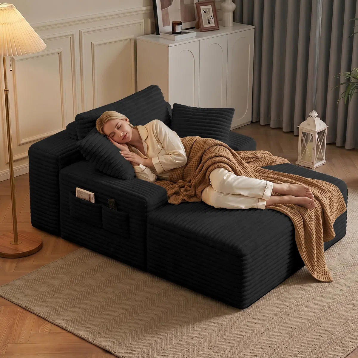 Xbro Divano Relax Senza Struttura in Velluto a Coste, Chaise Longue in Schiuma ad Alta Resilienza con 3 Cuscini e Tasche Laterali, per Soggiorno e Camera da Letto