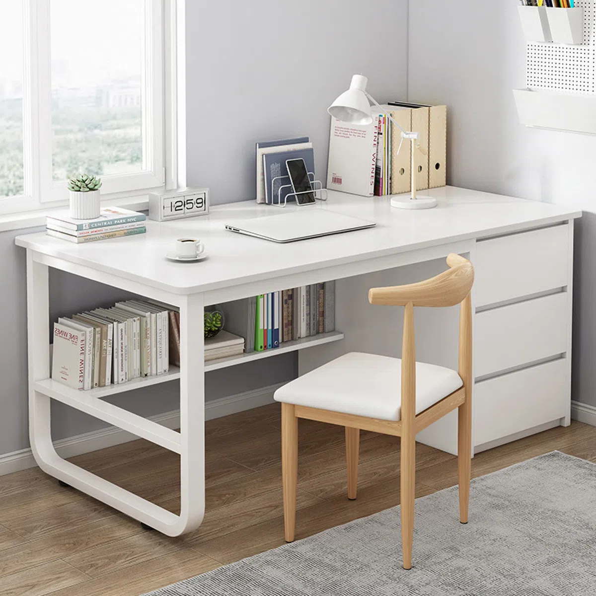 Scrivania moderna bianca con cartoncini Sto e 3 Ders – 99 cm minimalista in pelliccia per casa e ufficio per Worpace, studio o configurazione di gioco