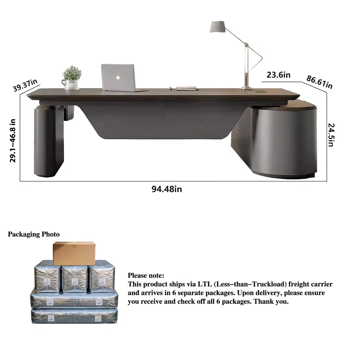 Lar - Scrivania ergonomica da ufficio con schedario, 240 cm, regolabile, per proprietari di aziende e professionisti, soluzione moderna per spazi di lavoro