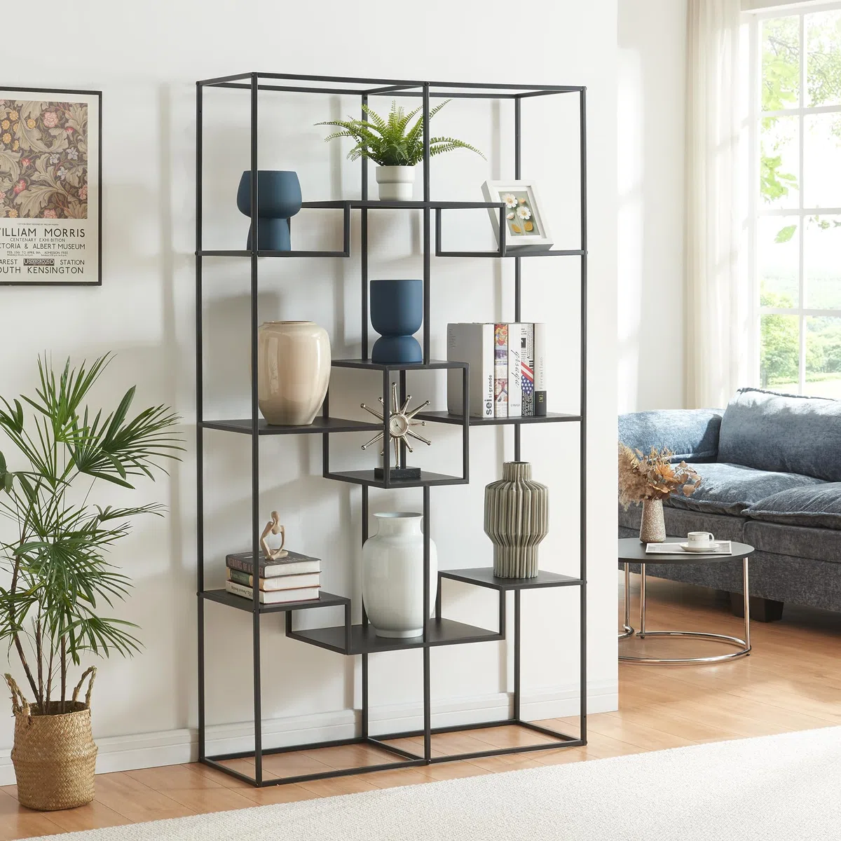 [en.casa] Scaffale da Terra Multifunzionale Libreria Mobile Espositore Ripiani a Forma di Scale Scaffale Divisorio per Open Space 180 x 100 x 35 cm Metallo - Nero