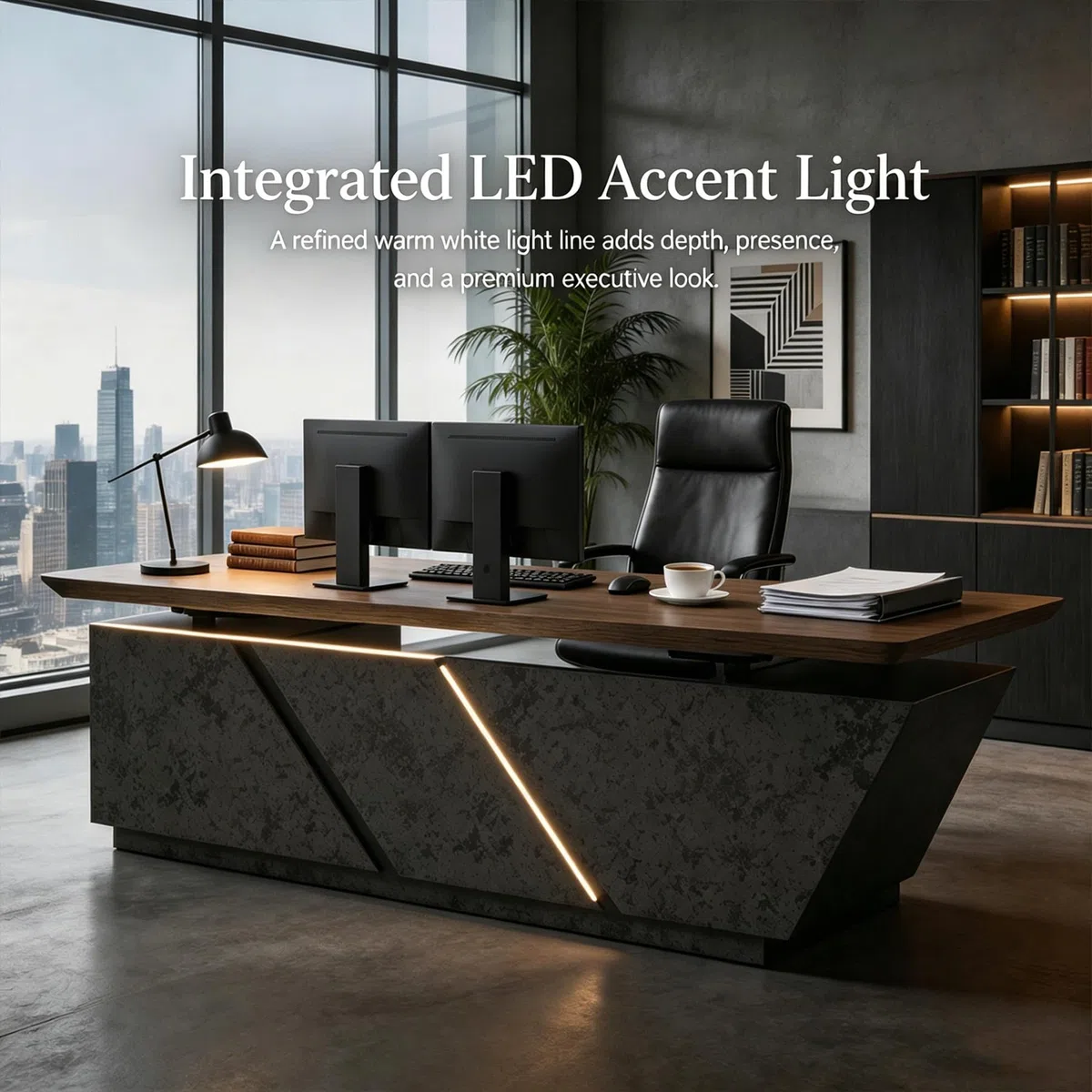 Scrivania direzionale a forma di L da 199,9 cm con ritorno a destra, postazione di lavoro regolabile in altezza, storage integrato, prese di corrente integrate e illuminazione a LED per uffici moderni