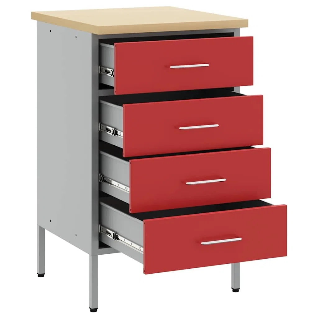 Banco da lavoro in ingegneri legno e acciaio 50 x 55 x 85 cm con 4 cassetti, design stabile per officina, garage e sala hobby, superficie robusta in metallo e MDF in rosso grigio