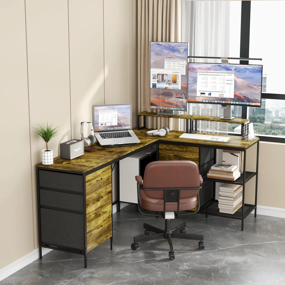 Scrivania a forma di L da 289,6 cm con hub di alimentazione, 6 cassetti, supporto regolabile per monitor in stile rustico industriale, perfetta per casa, ufficio e postazione di lavoro di gioco
