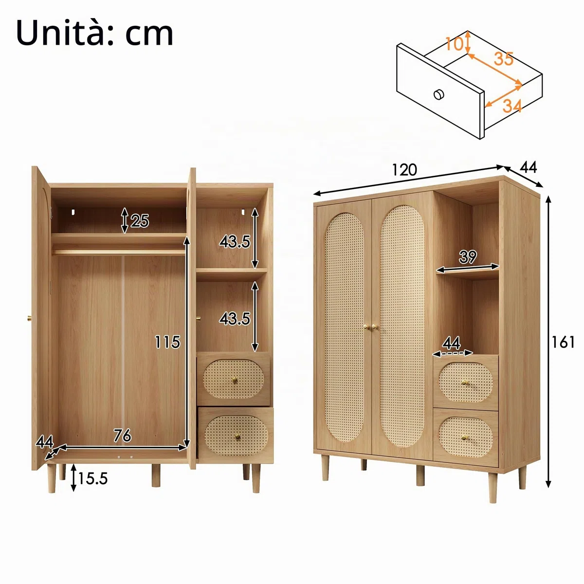 YuQozii Armadio in stile rustico, 161 x 120 x 48 cm, in legno, 2 ante, 2 cassetti, ripiani aperti, con asta appendiabiti, ideale per camera da letto e corridoio, facile da montare, design senza tempo