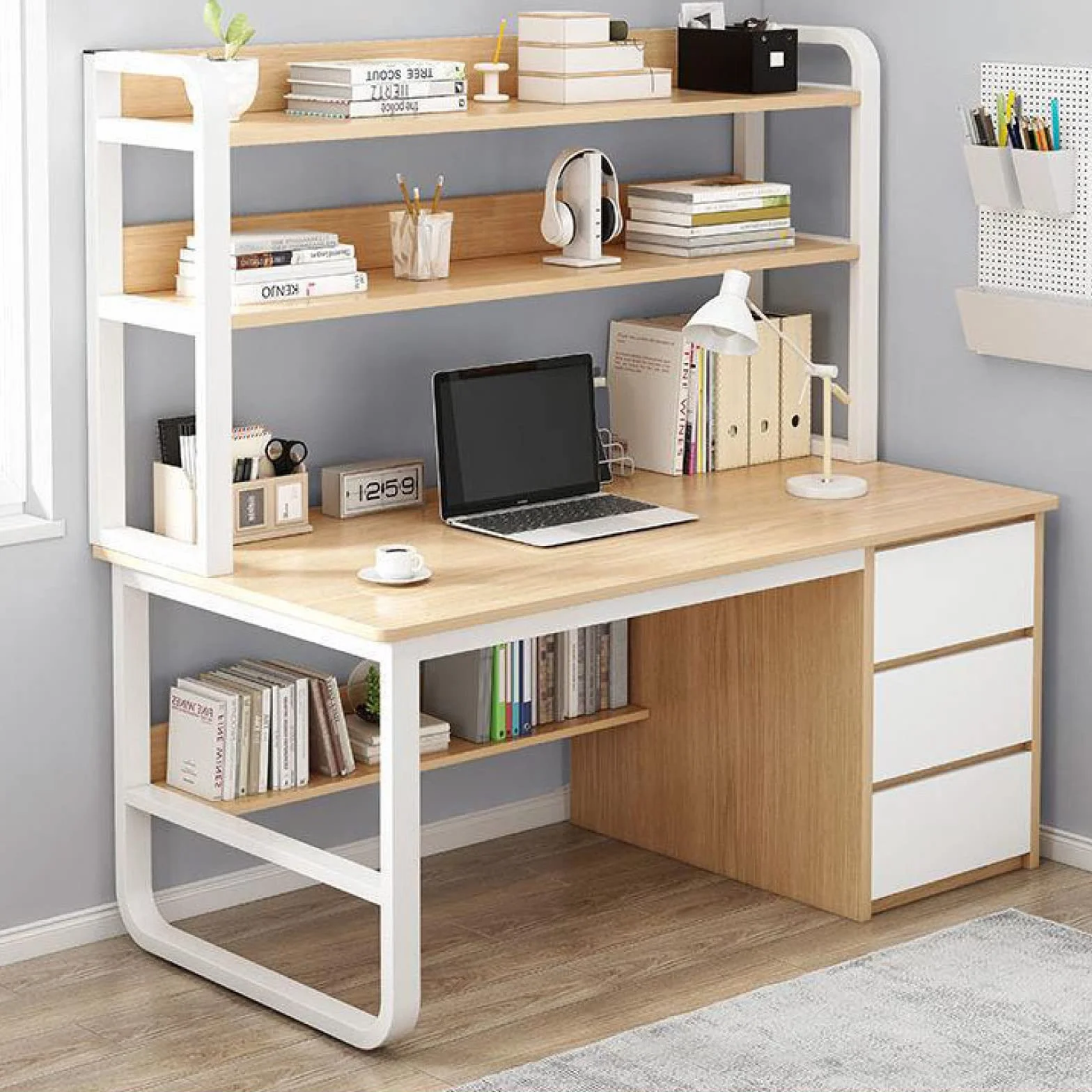 Scrivania industriale per casa e ufficio con armadio e boohelf, scrivania in rovere da 99 cm con 3 Ders, moderna Wortat per casa e ufficio, Slish & Functal