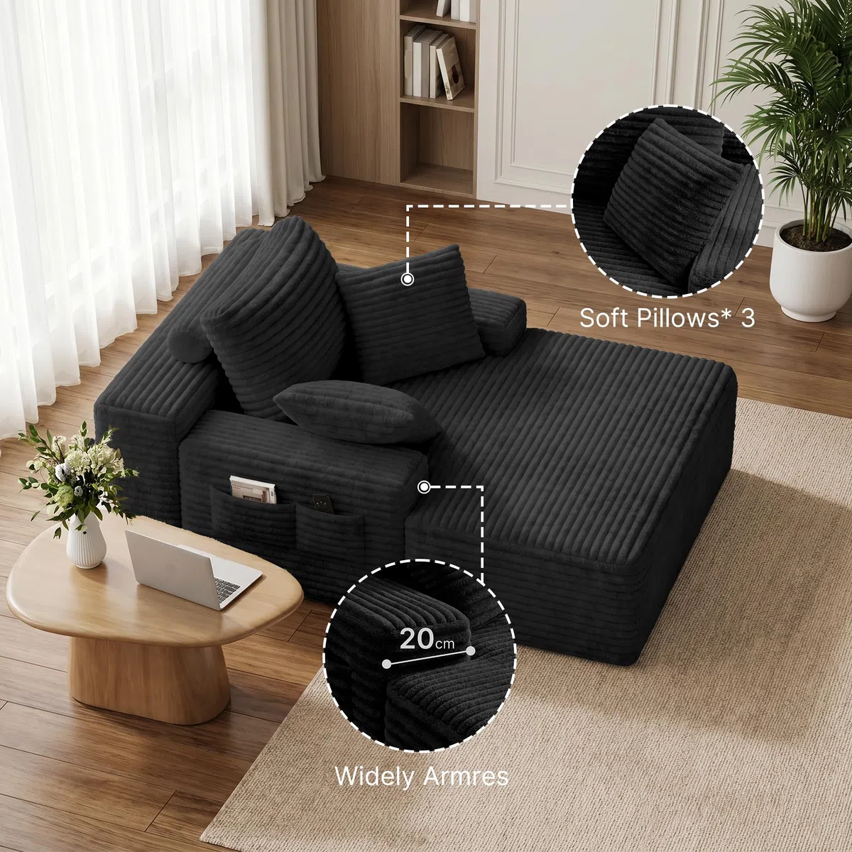 Xbro Divano Relax Senza Struttura in Velluto a Coste, Chaise Longue in Schiuma ad Alta Resilienza con 3 Cuscini e Tasche Laterali, per Soggiorno e Camera da Letto