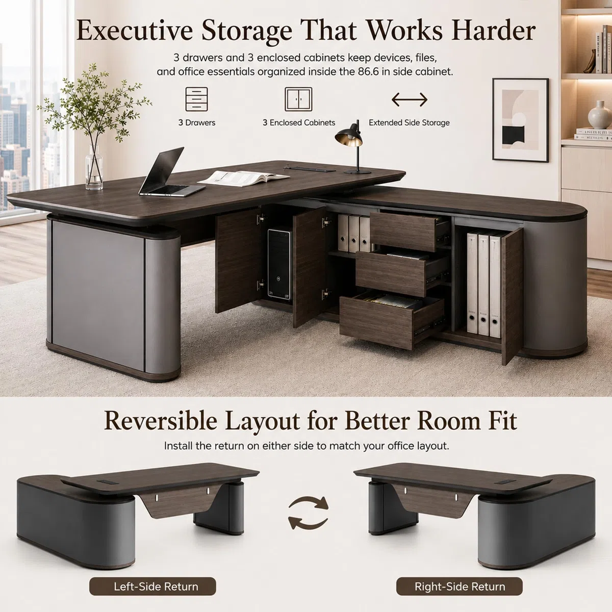 Lar - Scrivania ergonomica da ufficio con schedario, 240 cm, regolabile, per proprietari di aziende e professionisti, soluzione moderna per spazi di lavoro