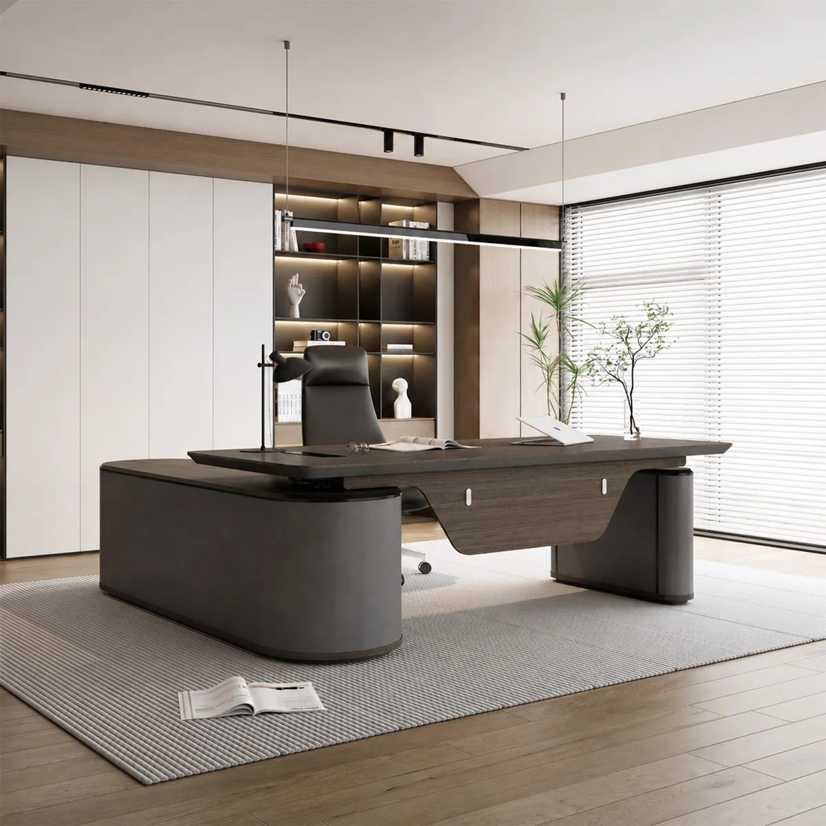 Lar - Scrivania ergonomica da ufficio con schedario, 240 cm, regolabile, per proprietari di aziende e professionisti, soluzione moderna per spazi di lavoro