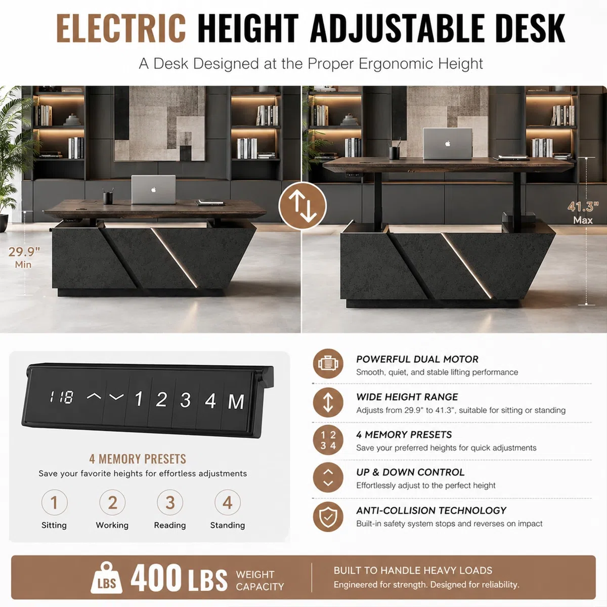 Scrivania direzionale a forma di L da 199,9 cm con ritorno a destra, postazione di lavoro regolabile in altezza, storage integrato, prese di corrente integrate e illuminazione a LED per uffici moderni