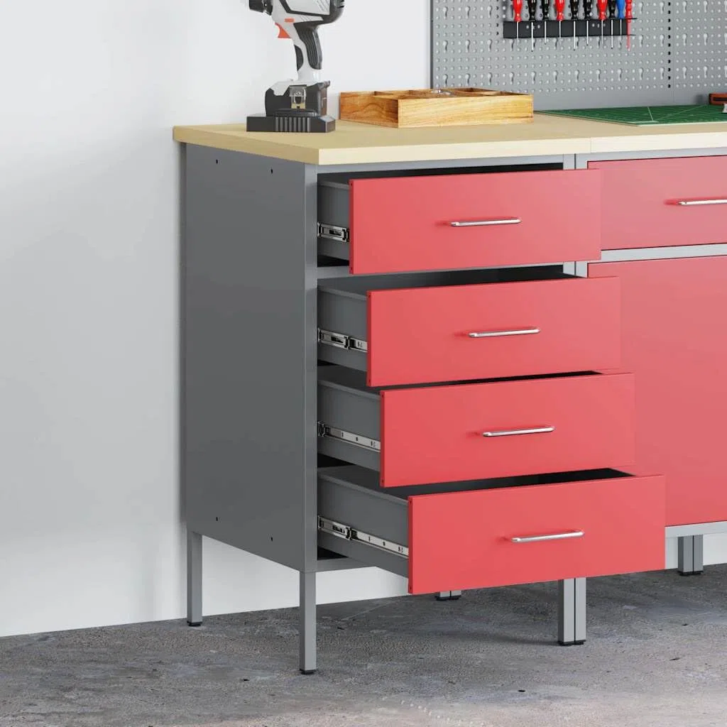 Banco da lavoro in ingegneri legno e acciaio 50 x 55 x 85 cm con 4 cassetti, design stabile per officina, garage e sala hobby, superficie robusta in metallo e MDF in rosso grigio