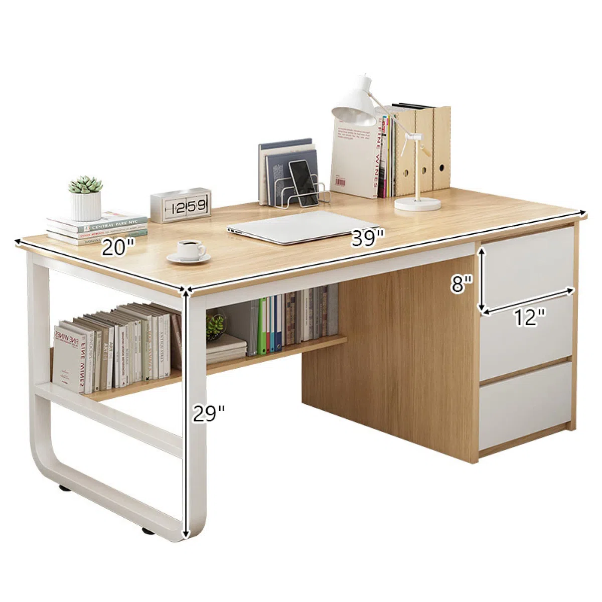Scrivania moderna da 99 pollici grigio e bianco con scomparti portaoggetti e 3 cassetti, elegante postazione di lavoro salvaspazio per piccoli spazi, perfetta per uso domestico e ufficio