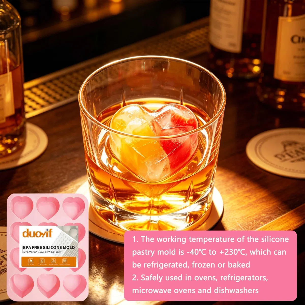duoyif Stampo in silicone a forma di cuore, 12 fori, diametro 5 cm, a forma di cuore, senza BPA, antiaderente, per cioccolato, mousse, gelatina, ghiaccio a forma di cuore, per whisky e cocktail, 1