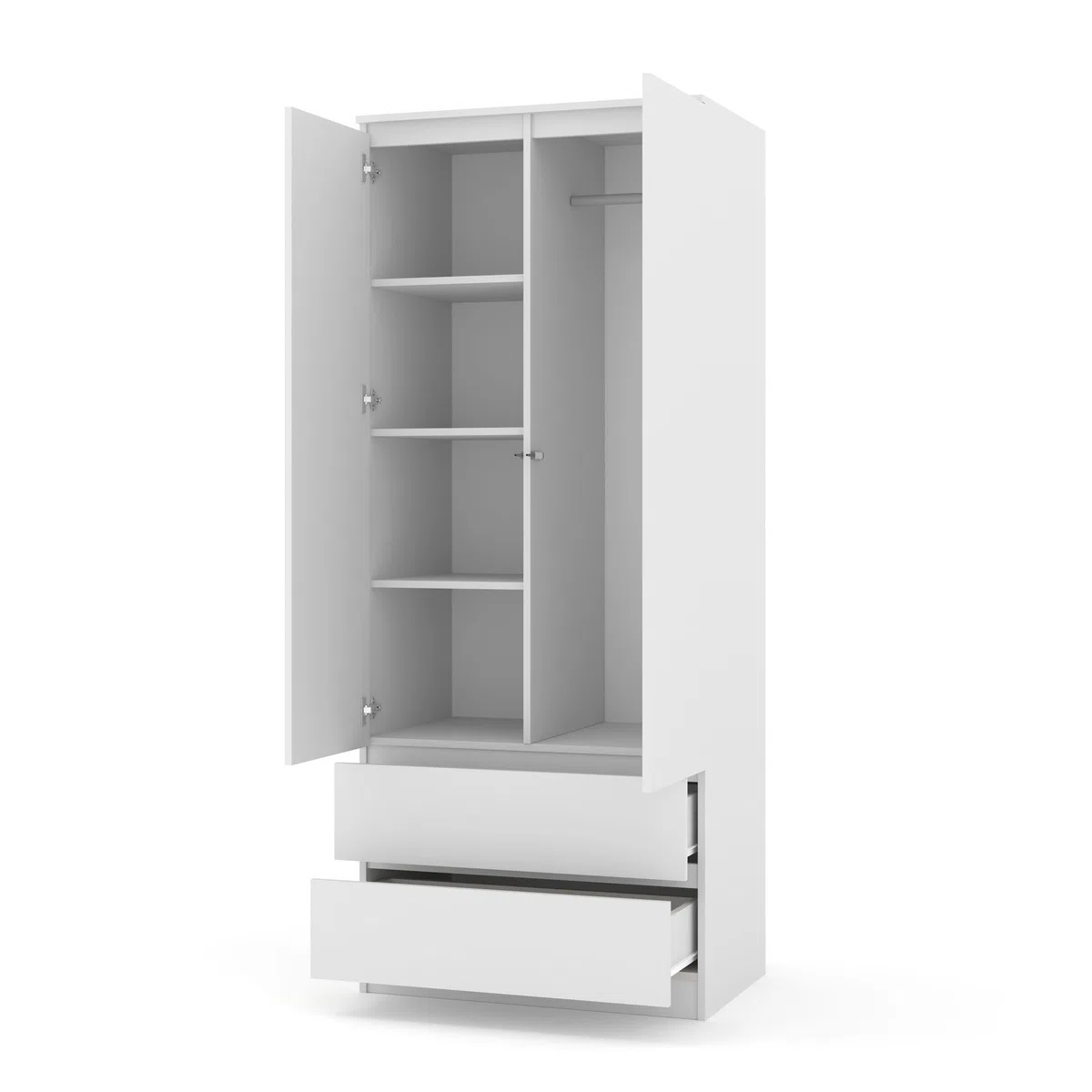 Homlando Armadio 80 cm con 2 cassetti, 2 ante, armadio guardaroba per camera da letto e corridoio, armadio lavanderia con asta appendiabiti e ripiani, robusto pannello laminato, serie Maja (bianco
