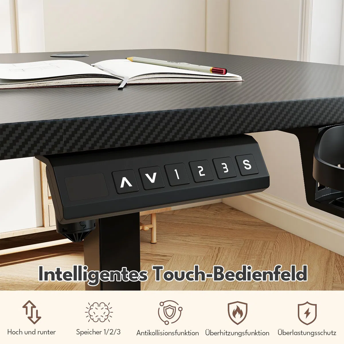 Sonnewelt Scrivania elettrica regolabile in altezza, controllo della memoria, funzione di protezione contro le collisioni (nero, con tappetino per mouse, ganci, portabicchieri, 140 x 60 x (75-120) cm)