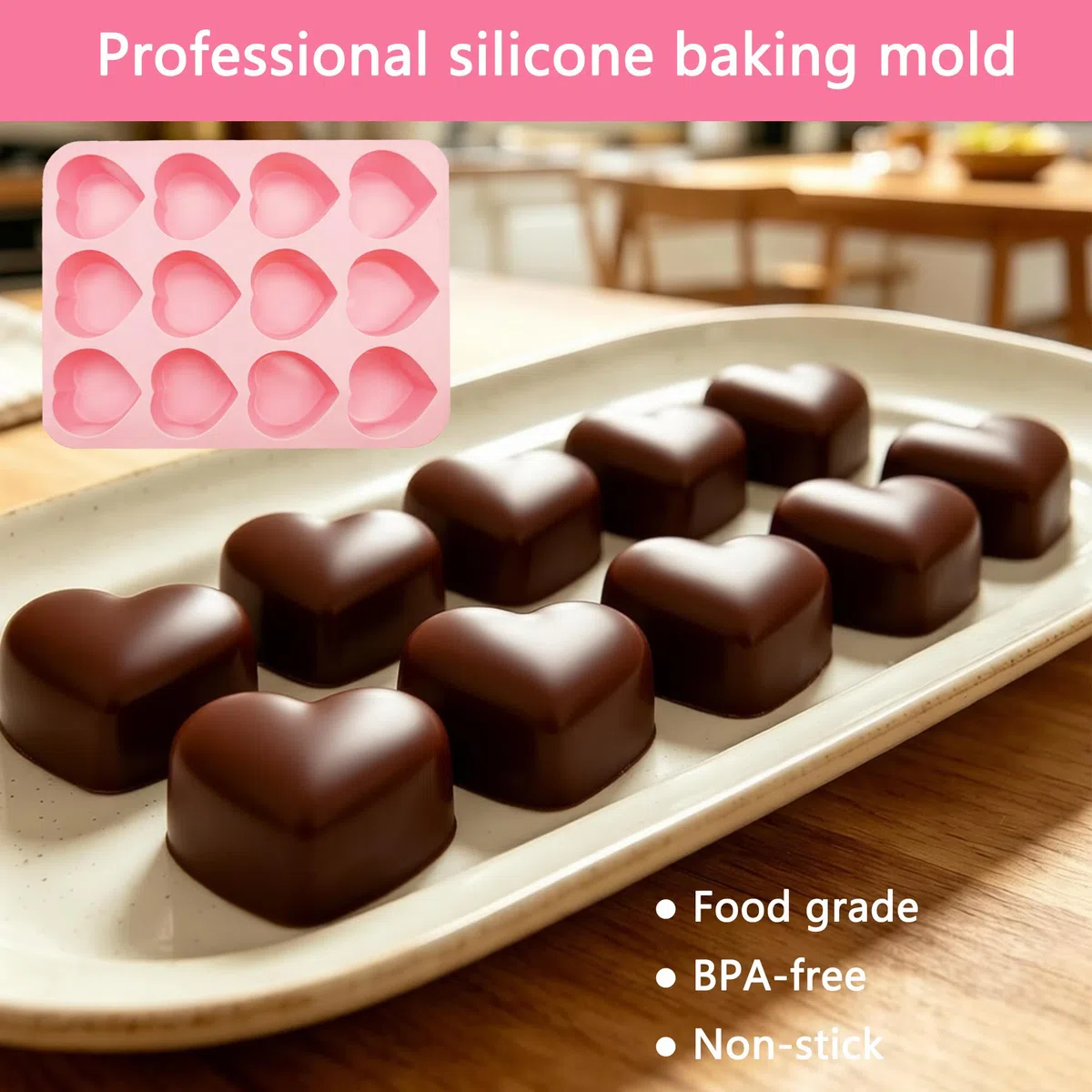 duoyif Stampo in silicone a forma di cuore, 12 fori, diametro 5 cm, a forma di cuore, senza BPA, antiaderente, per cioccolato, mousse, gelatina, ghiaccio a forma di cuore, per whisky e cocktail, 1