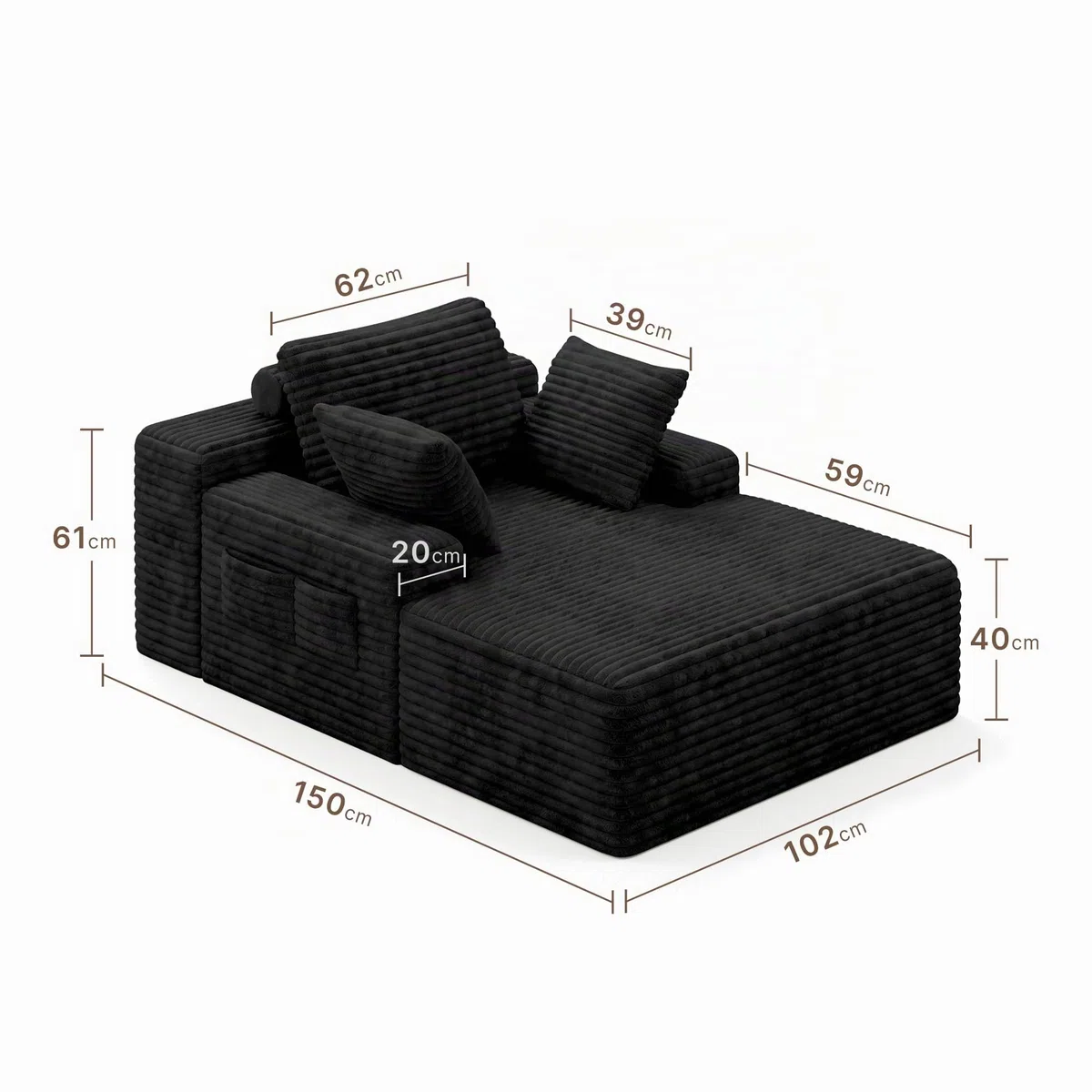 Xbro Divano Relax Senza Struttura in Velluto a Coste, Chaise Longue in Schiuma ad Alta Resilienza con 3 Cuscini e Tasche Laterali, per Soggiorno e Camera da Letto