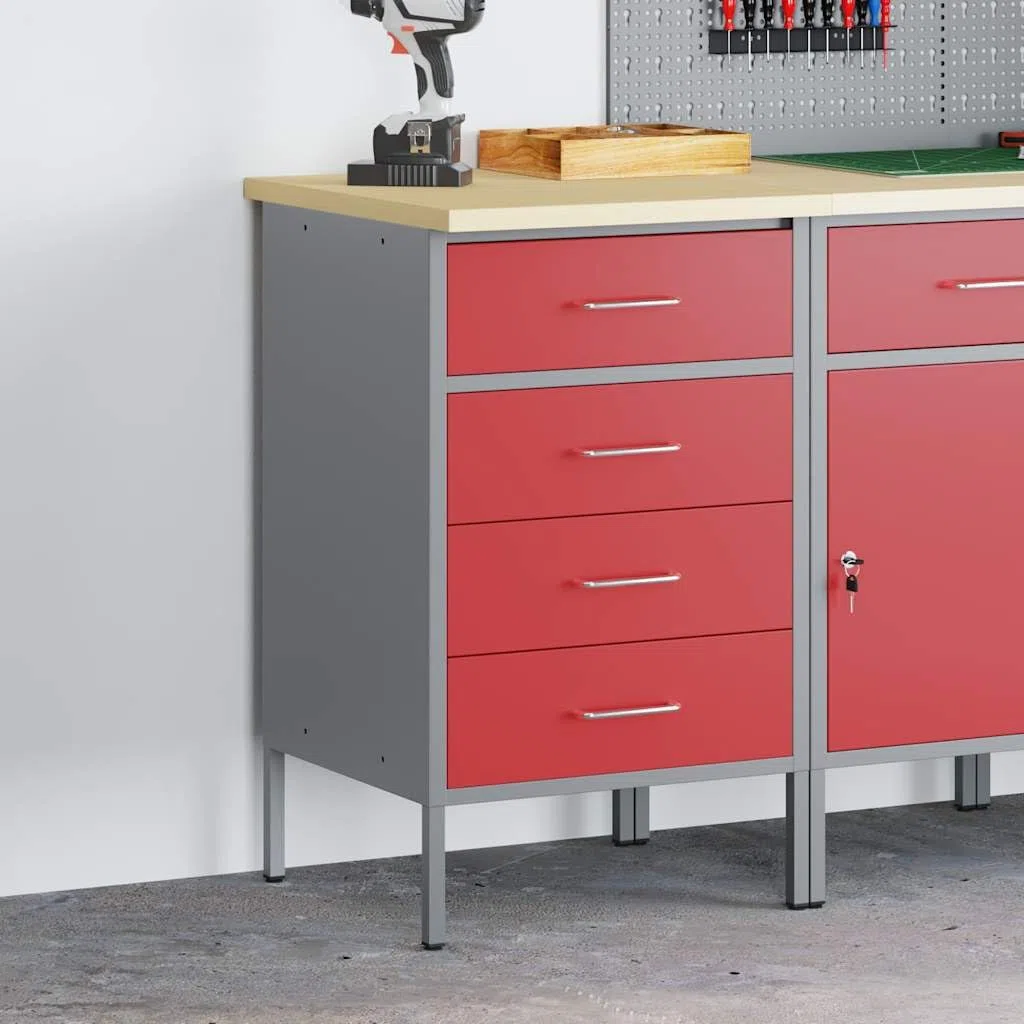 Banco da lavoro in ingegneri legno e acciaio 50 x 55 x 85 cm con 4 cassetti, design stabile per officina, garage e sala hobby, superficie robusta in metallo e MDF in rosso grigio