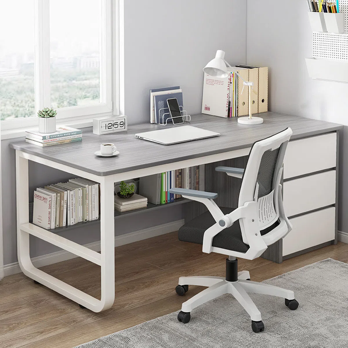 Scrivania moderna da 99 pollici grigio e bianco con scomparti portaoggetti e 3 cassetti, elegante postazione di lavoro salvaspazio per piccoli spazi, perfetta per uso domestico e ufficio