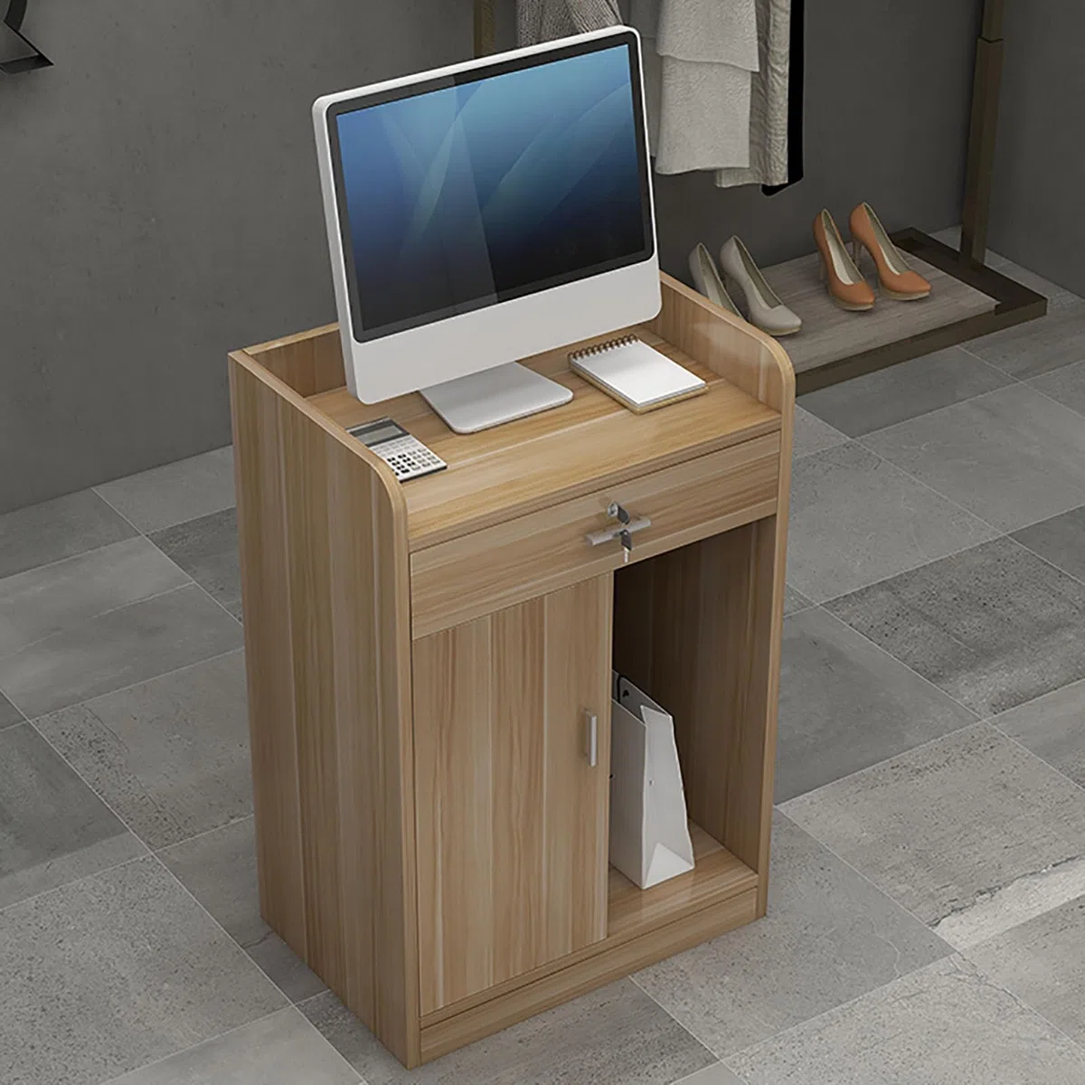 Banco cassa compatto con cassetto chiudibile per supermercato, minimarket, hotel - piccola reception (Style6)