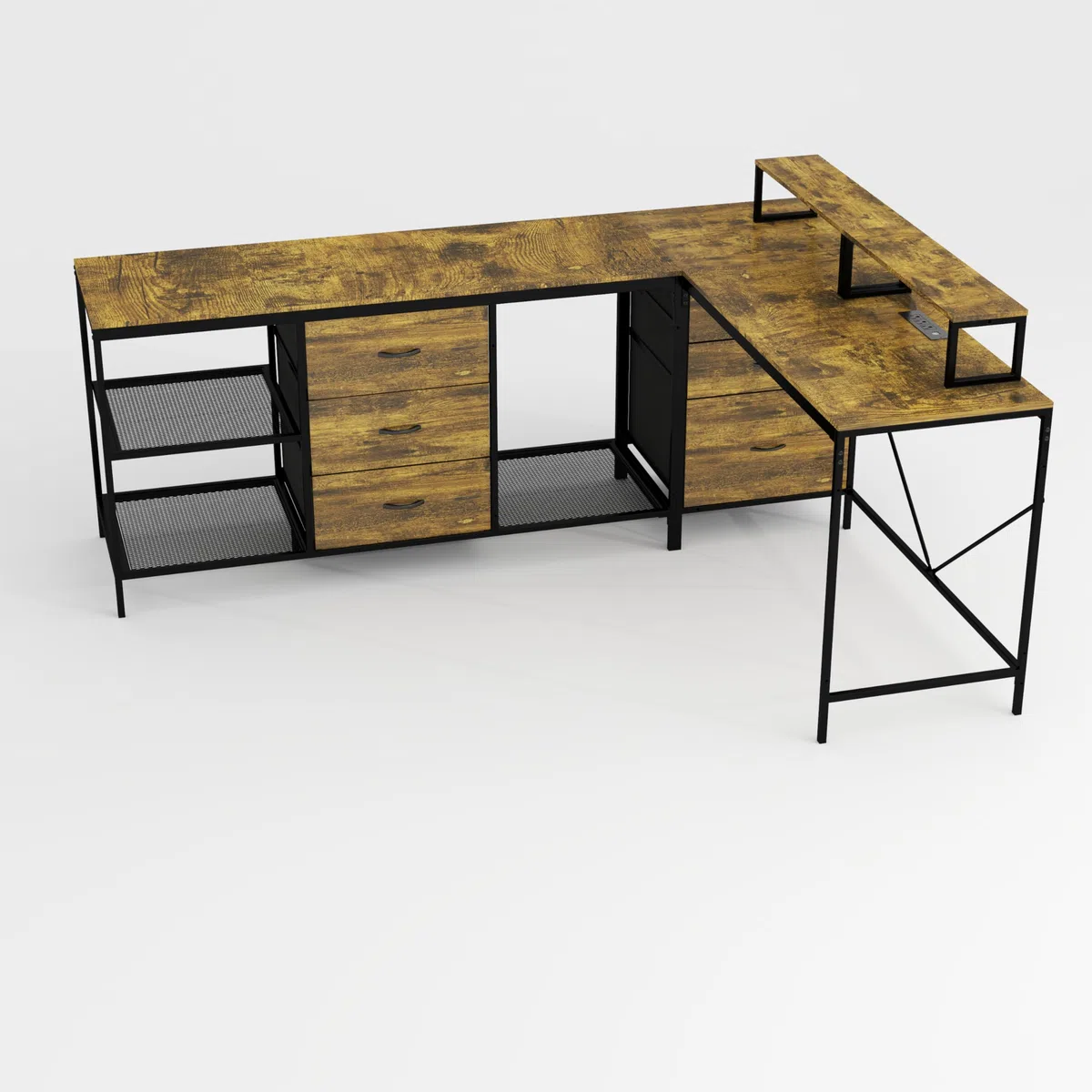 Scrivania a forma di L da 289,6 cm con hub di alimentazione, 6 cassetti, supporto regolabile per monitor in stile rustico industriale, perfetta per casa, ufficio e postazione di lavoro di gioco