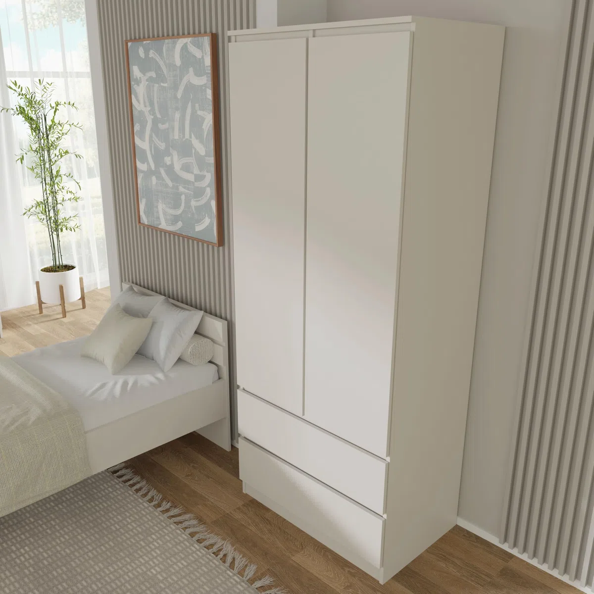 Homlando Armadio 80 cm con 2 cassetti, 2 ante, armadio guardaroba per camera da letto e corridoio, armadio lavanderia con asta appendiabiti e ripiani, robusto pannello laminato, serie Maja (bianco