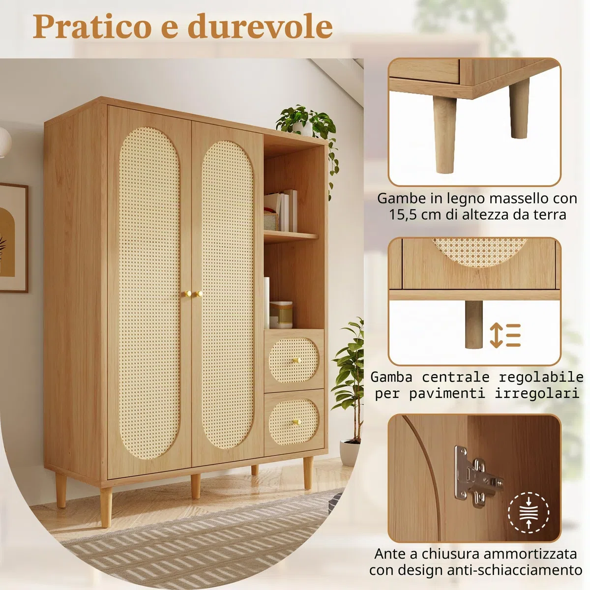 YuQozii Armadio in stile rustico, 161 x 120 x 48 cm, in legno, 2 ante, 2 cassetti, ripiani aperti, con asta appendiabiti, ideale per camera da letto e corridoio, facile da montare, design senza tempo