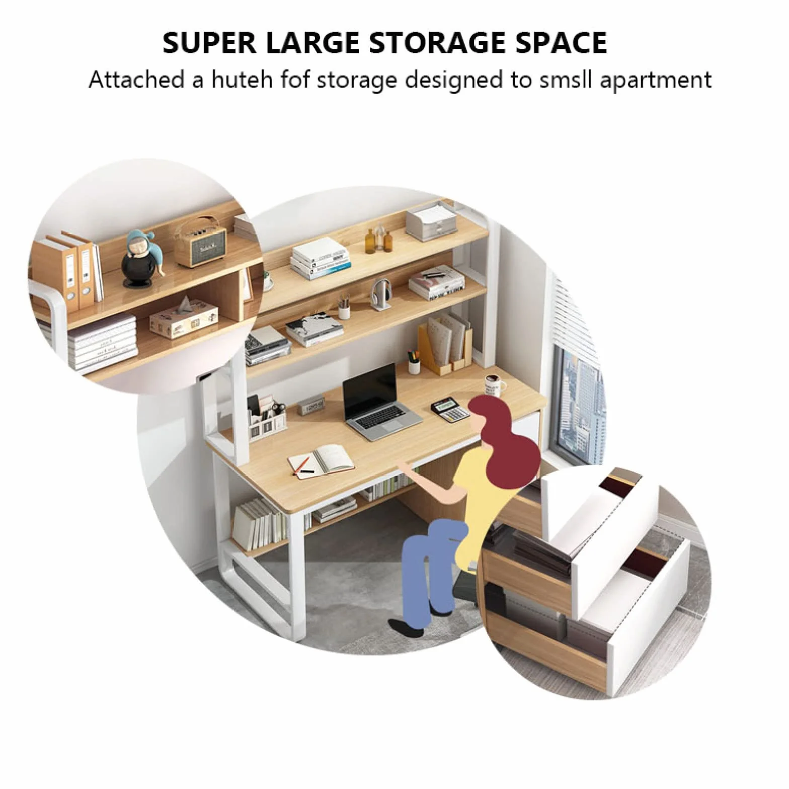 Scrivania industriale per casa e ufficio con armadio e boohelf, scrivania in rovere da 99 cm con 3 Ders, moderna Wortat per casa e ufficio, Slish & Functal