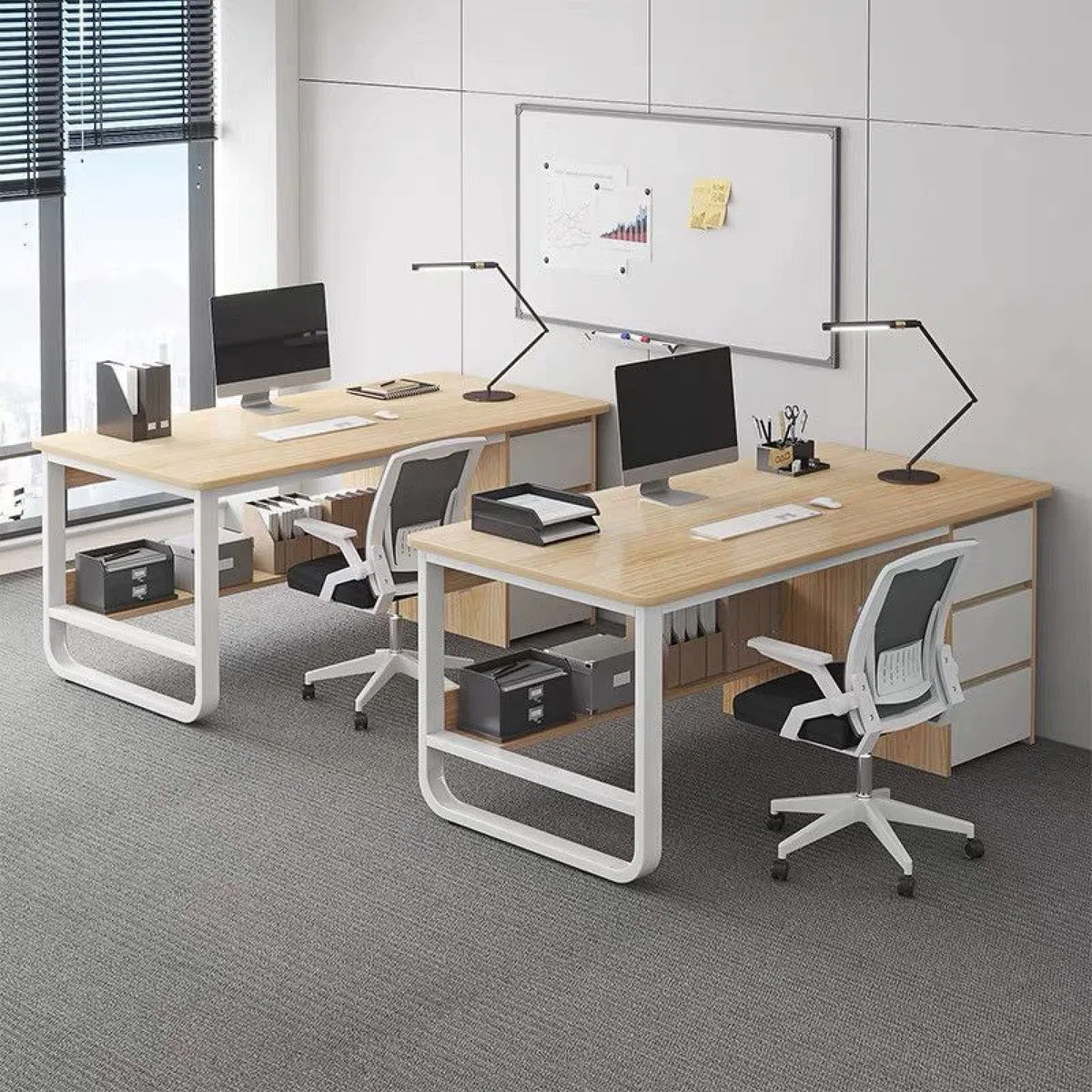 Scrivania moderna da 99 pollici grigio e bianco con scomparti portaoggetti e 3 cassetti, elegante postazione di lavoro salvaspazio per piccoli spazi, perfetta per uso domestico e ufficio