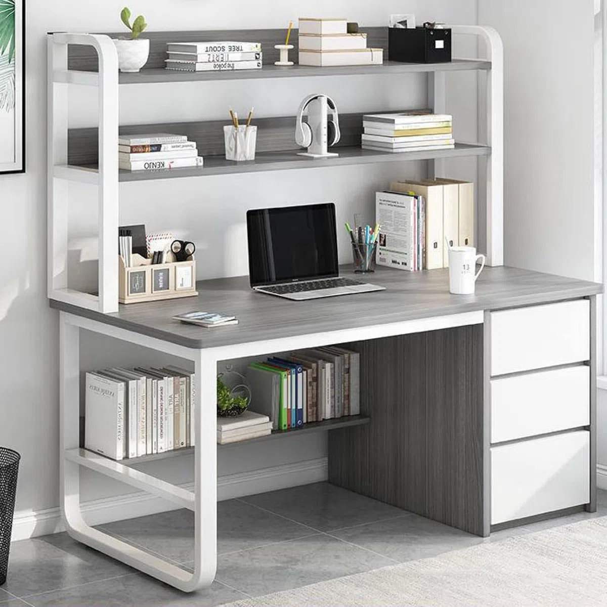 Scrivania industriale per casa e ufficio con armadio e Boohelf 119,4 cm grigio Wortat 3 Der Scrivania per casa e ufficio Slish & Functal Worpace Solut