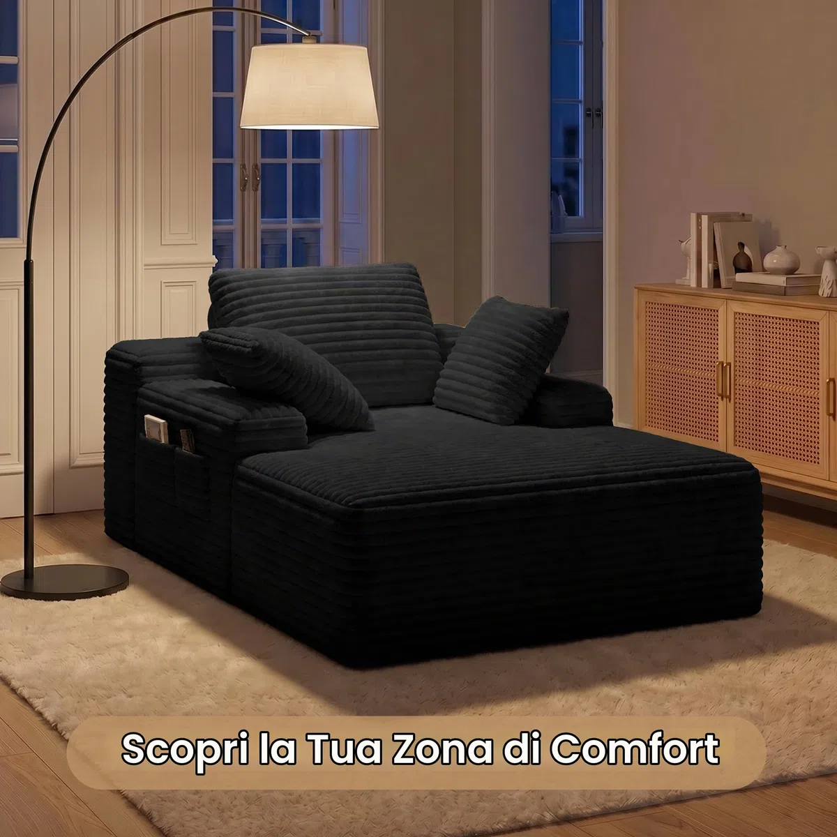 Xbro Divano Relax Senza Struttura in Velluto a Coste, Chaise Longue in Schiuma ad Alta Resilienza con 3 Cuscini e Tasche Laterali, per Soggiorno e Camera da Letto