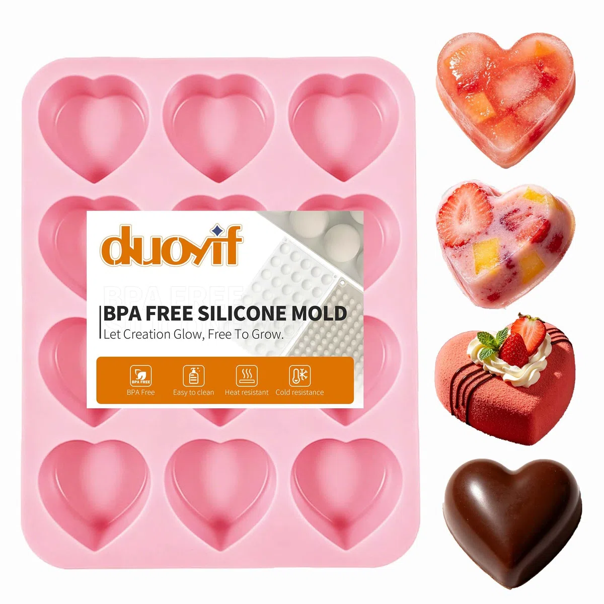 duoyif Stampo in silicone a forma di cuore, 12 fori, diametro 5 cm, a forma di cuore, senza BPA, antiaderente, per cioccolato, mousse, gelatina, ghiaccio a forma di cuore, per whisky e cocktail, 1