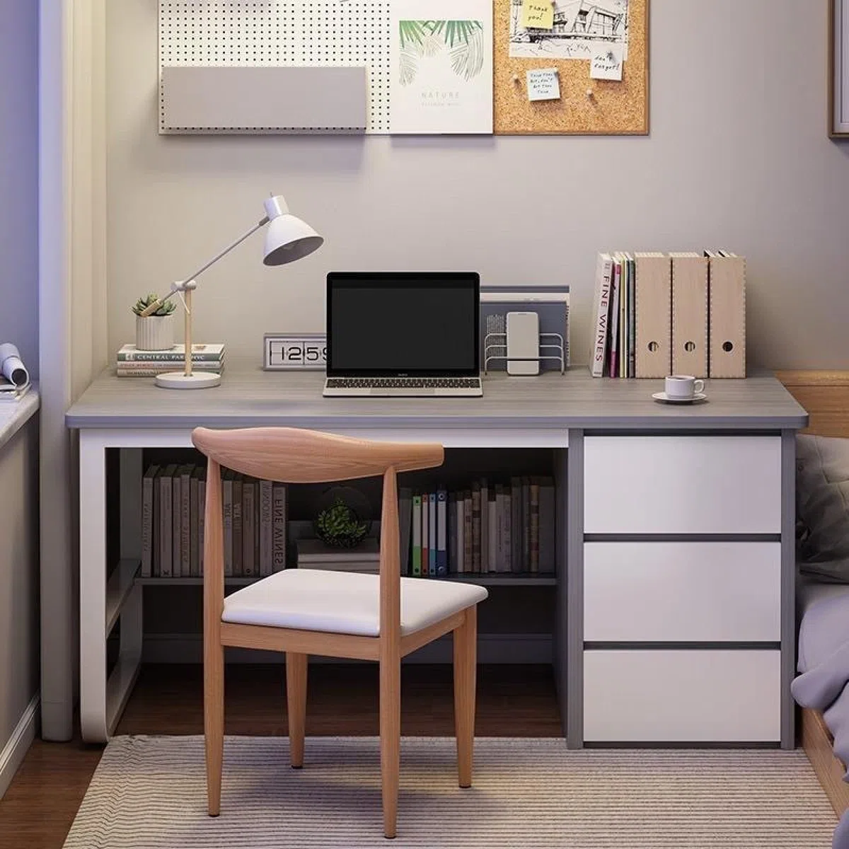 Scrivania moderna da 99 pollici grigio e bianco con scomparti portaoggetti e 3 cassetti, elegante postazione di lavoro salvaspazio per piccoli spazi, perfetta per uso domestico e ufficio