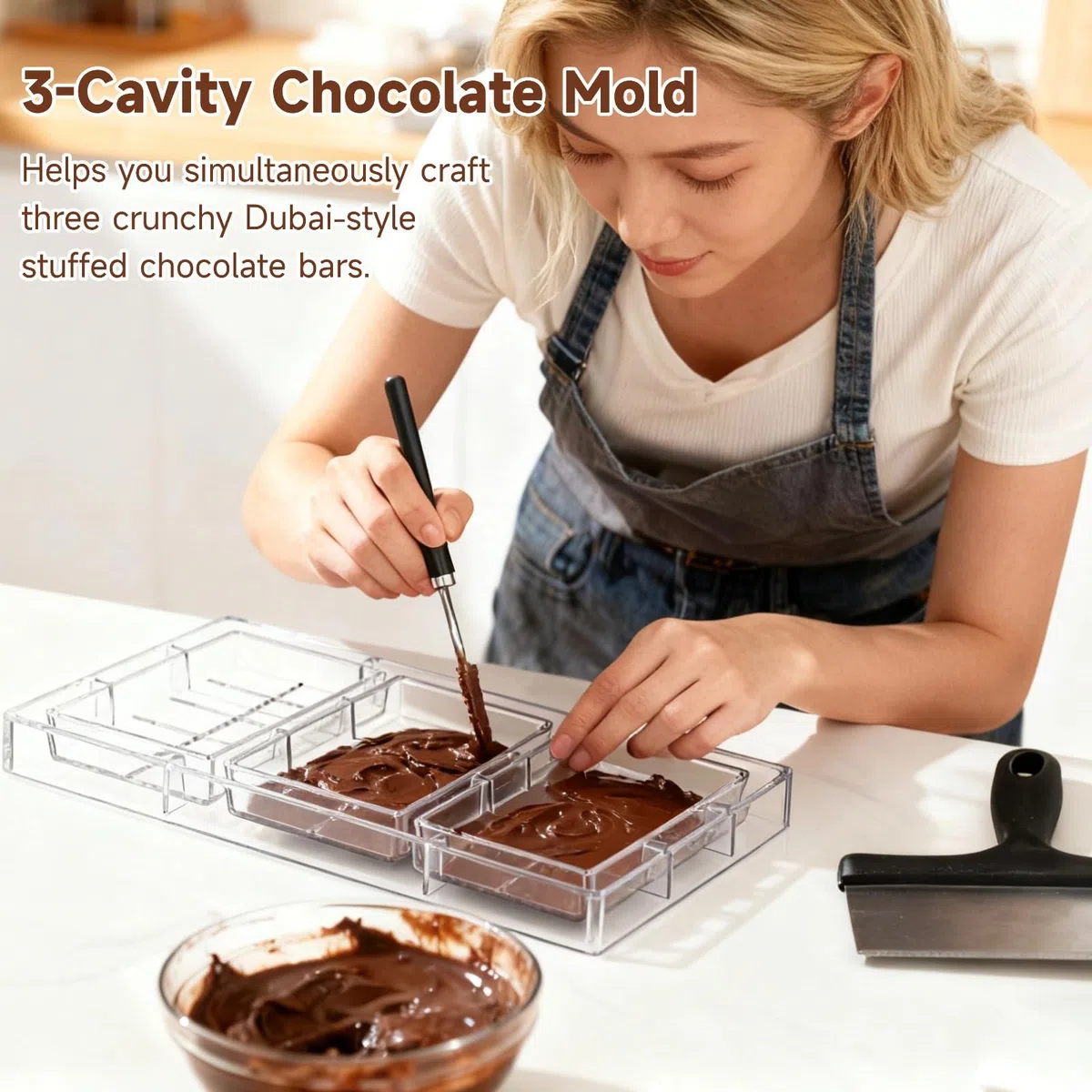 Stampo per cioccolatini Dubai, stampo in PS a 3 cavità con spatola, stampo per barrette di cioccolato, antiaderente, a rilascio facile, per barrette energetiche, sapone (B)