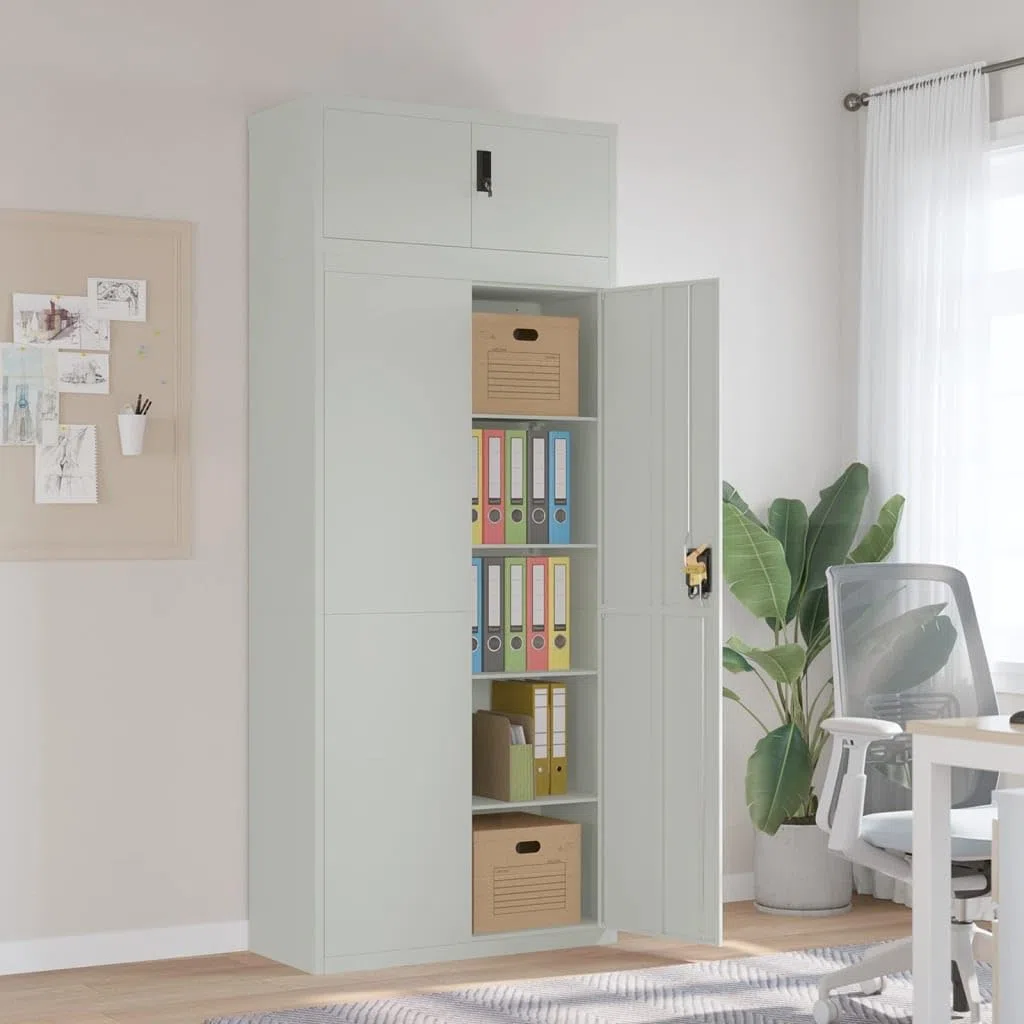 Raccoglitore in acciaio grigio, 90 x 40 x 220 cm, con 4 ripiani regolabili