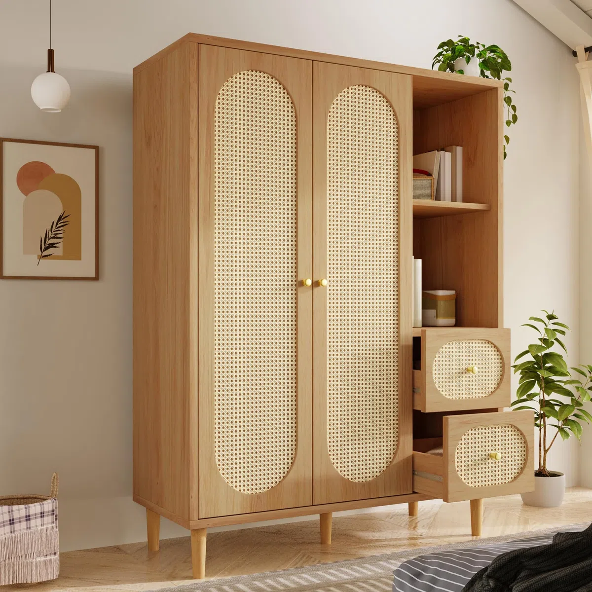 YuQozii Armadio in stile rustico, 161 x 120 x 48 cm, in legno, 2 ante, 2 cassetti, ripiani aperti, con asta appendiabiti, ideale per camera da letto e corridoio, facile da montare, design senza tempo