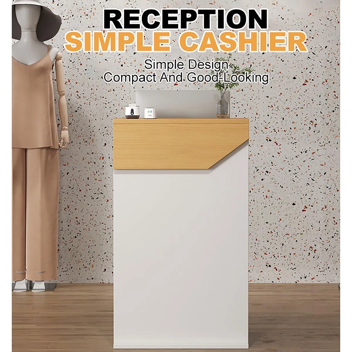 Moderno banco reception con cassetti bloccabili per la vendita al dettaglio banco cassa in nero ideale per hall salone di bellezza ufficio negozio di abbigliamento e tè al latte.