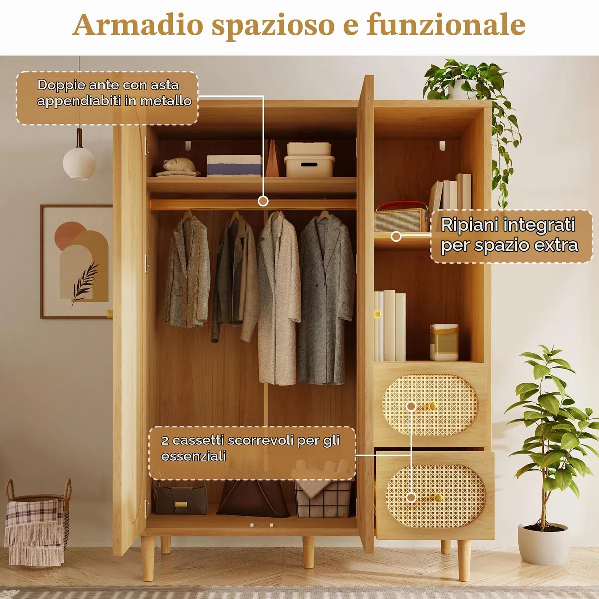 YuQozii Armadio in stile rustico, 161 x 120 x 48 cm, in legno, 2 ante, 2 cassetti, ripiani aperti, con asta appendiabiti, ideale per camera da letto e corridoio, facile da montare, design senza tempo