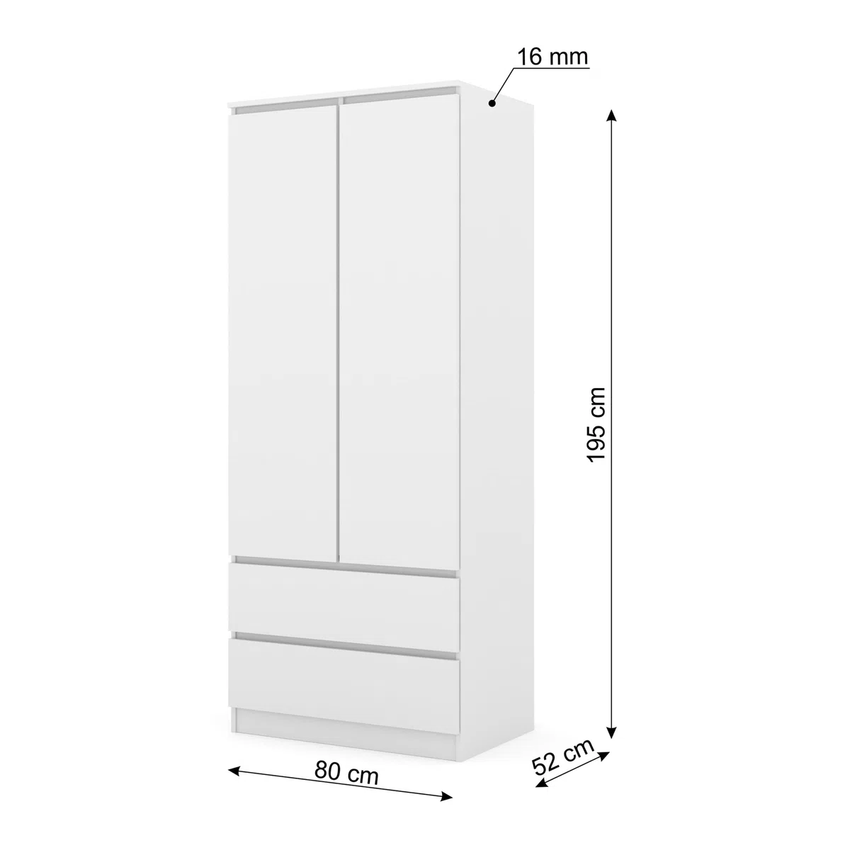 Homlando Armadio 80 cm con 2 cassetti, 2 ante, armadio guardaroba per camera da letto e corridoio, armadio lavanderia con asta appendiabiti e ripiani, robusto pannello laminato, serie Maja (bianco