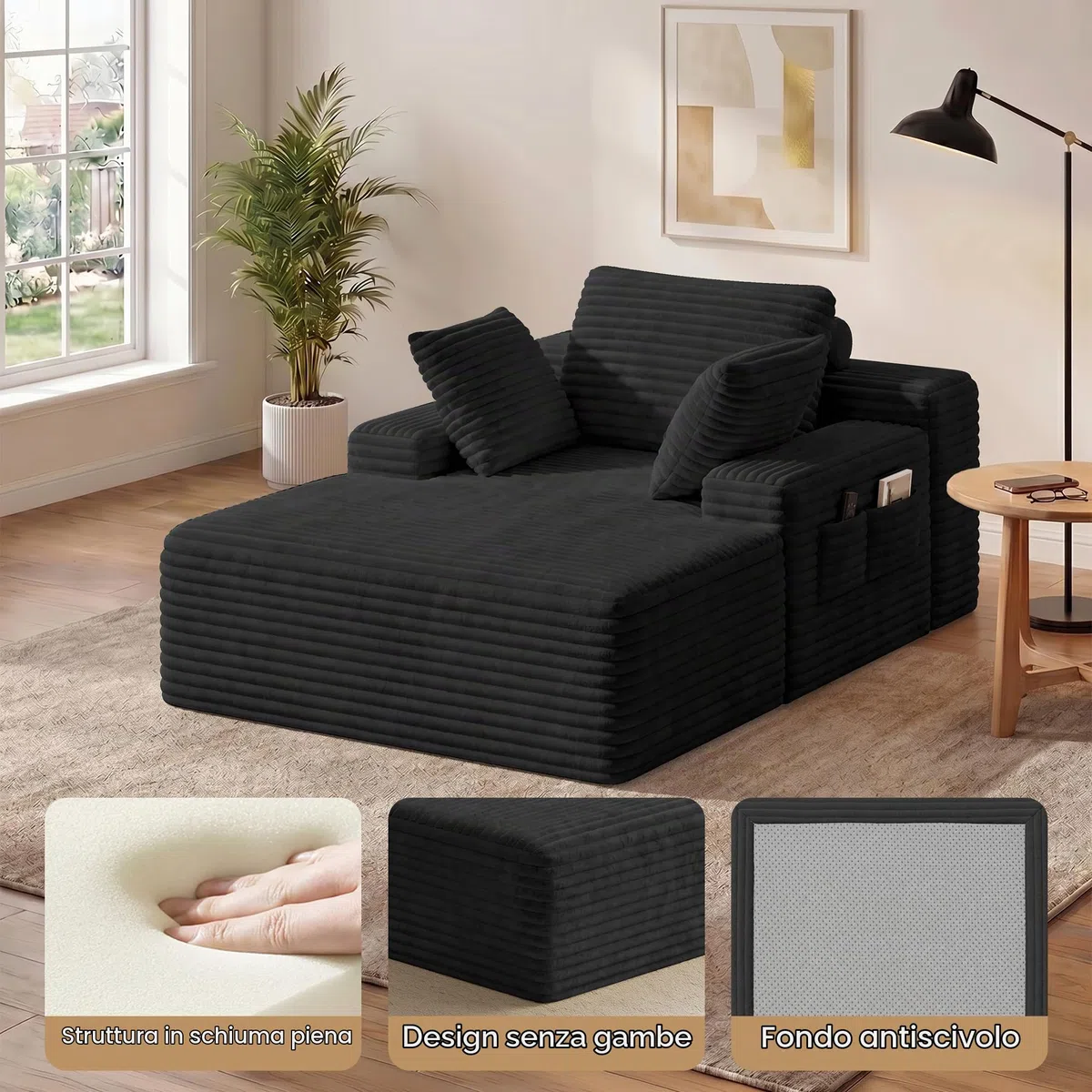 Xbro Divano Relax Senza Struttura in Velluto a Coste, Chaise Longue in Schiuma ad Alta Resilienza con 3 Cuscini e Tasche Laterali, per Soggiorno e Camera da Letto