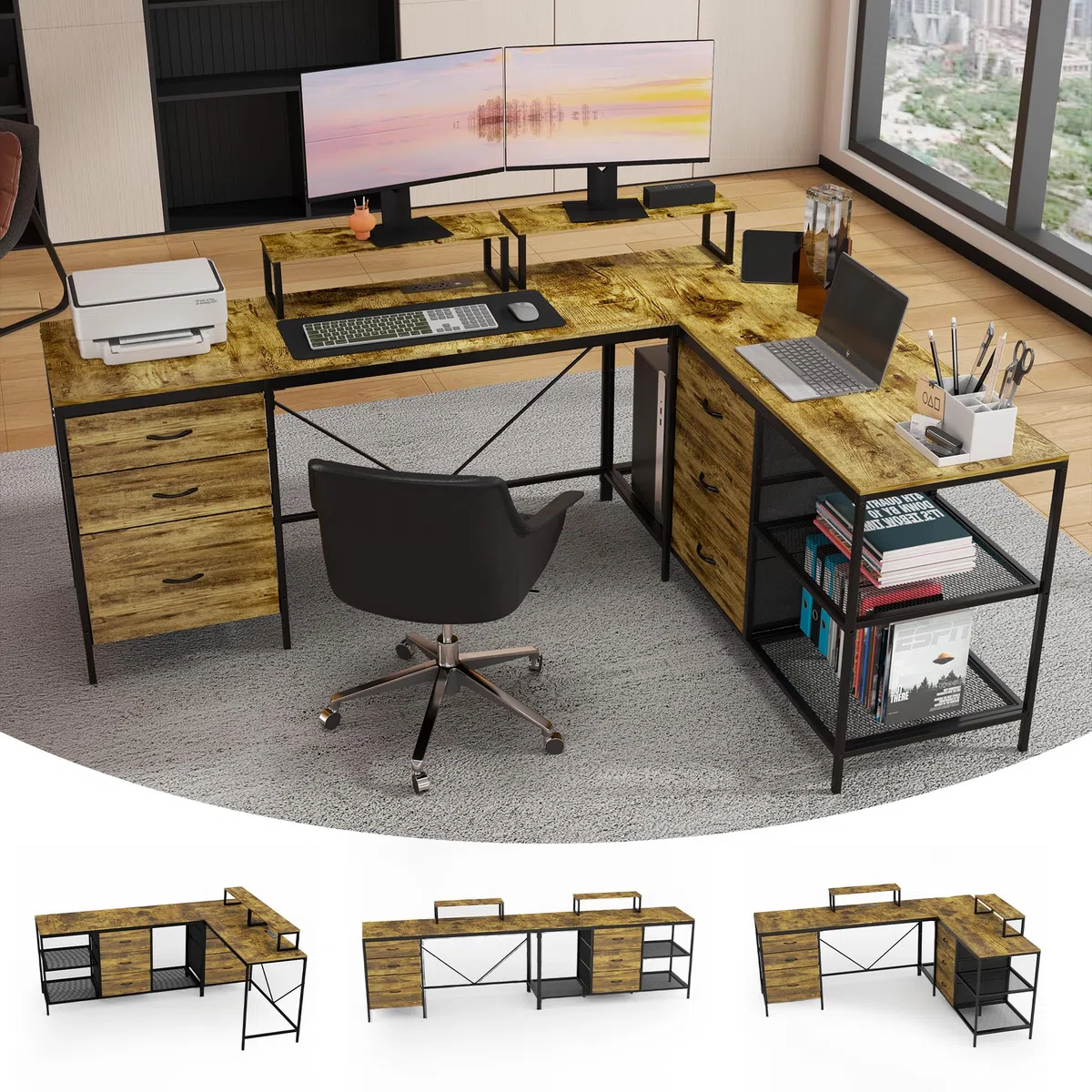 Scrivania a forma di L da 289,6 cm con hub di alimentazione, 6 cassetti, supporto regolabile per monitor in stile rustico industriale, perfetta per casa, ufficio e postazione di lavoro di gioco