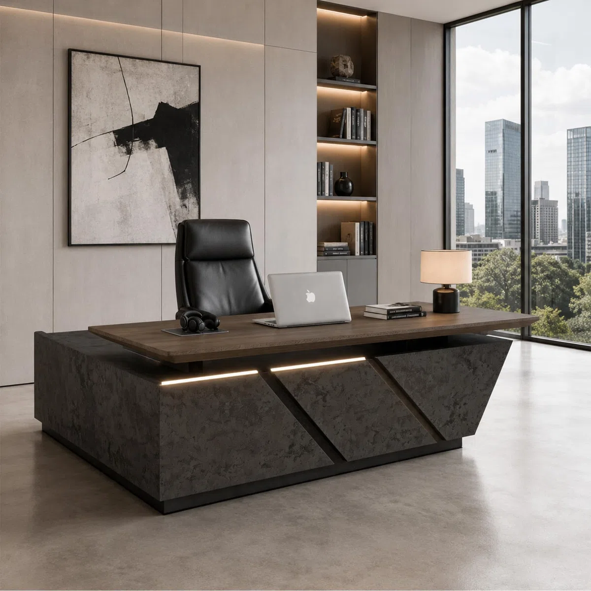 Scrivania direzionale a forma di L da 199,9 cm con ritorno a destra, postazione di lavoro regolabile in altezza, storage integrato, prese di corrente integrate e illuminazione a LED per uffici moderni