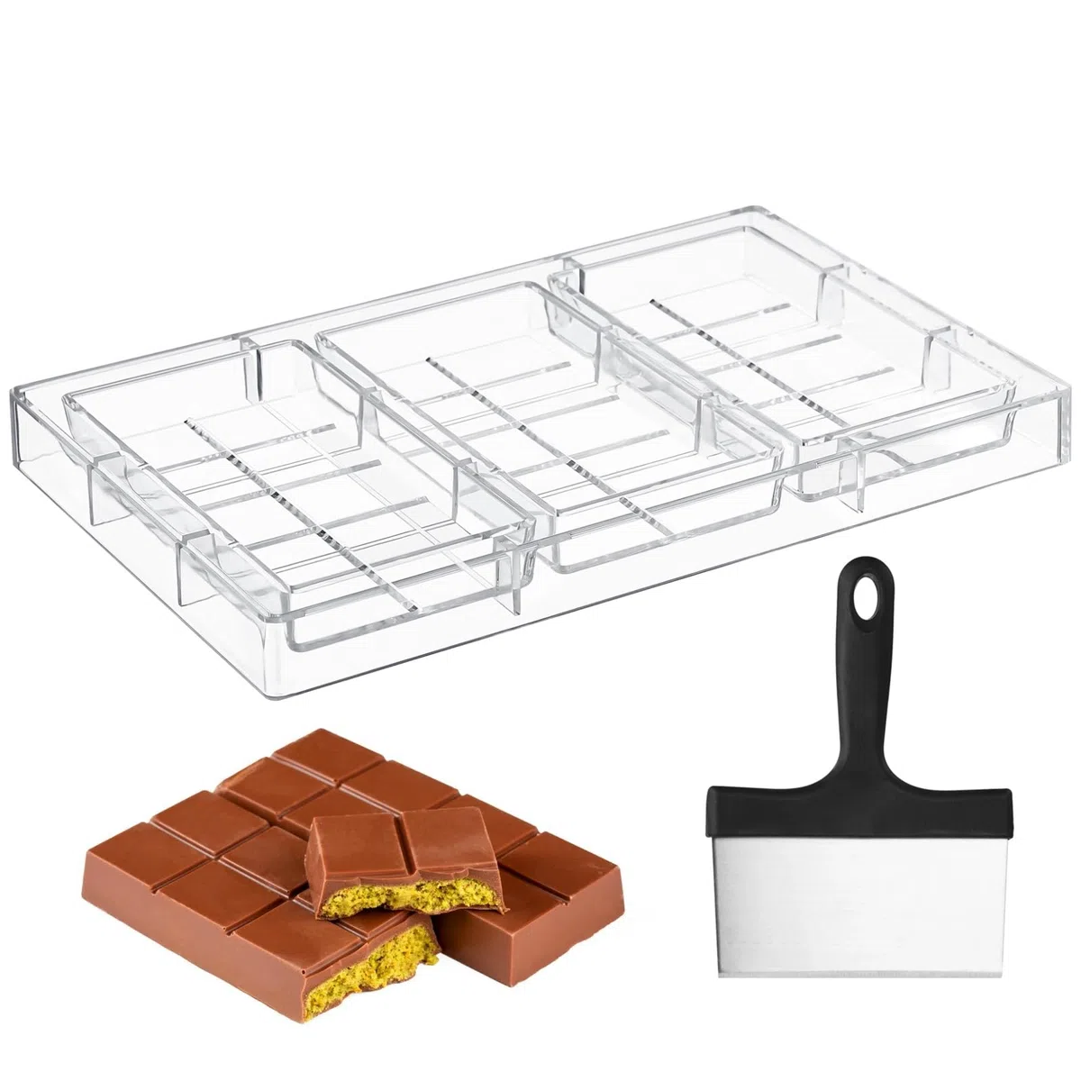 Stampo per cioccolatini Dubai, stampo in PS a 3 cavità con spatola, stampo per barrette di cioccolato, antiaderente, a rilascio facile, per barrette energetiche, sapone (B)
