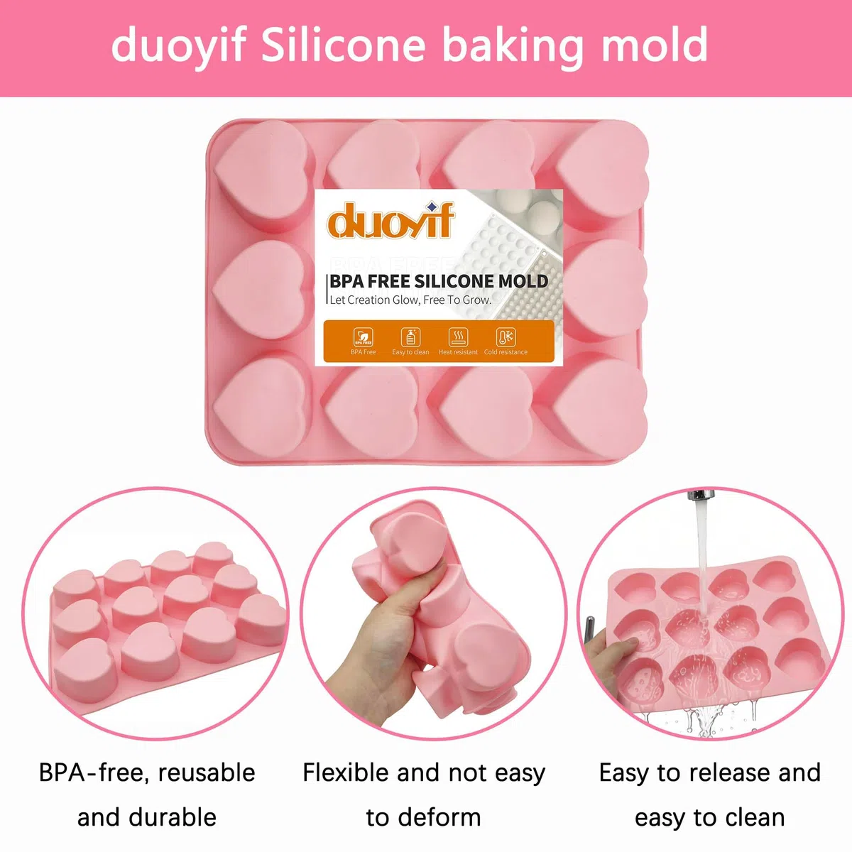 duoyif Stampo in silicone a forma di cuore, 12 fori, diametro 5 cm, a forma di cuore, senza BPA, antiaderente, per cioccolato, mousse, gelatina, ghiaccio a forma di cuore, per whisky e cocktail, 1