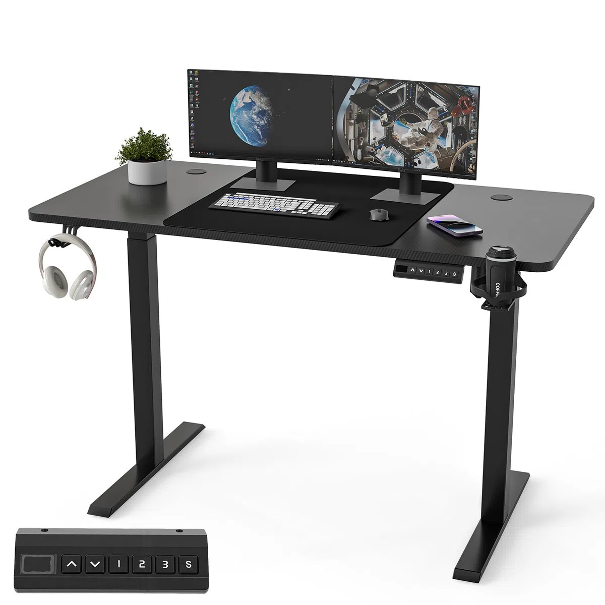 Sonnewelt Scrivania elettrica regolabile in altezza, controllo della memoria, funzione di protezione contro le collisioni (nero, con tappetino per mouse, ganci, portabicchieri, 140 x 60 x (75-120) cm)