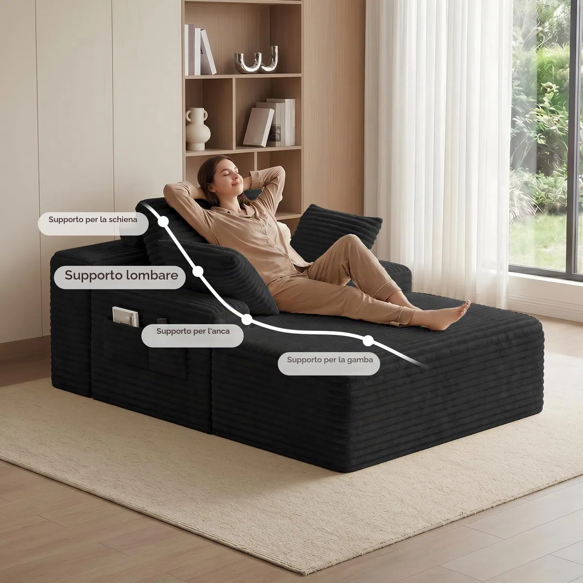 Xbro Divano Relax Senza Struttura in Velluto a Coste, Chaise Longue in Schiuma ad Alta Resilienza con 3 Cuscini e Tasche Laterali, per Soggiorno e Camera da Letto