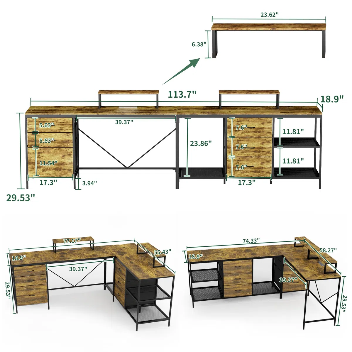 Scrivania a forma di L da 289,6 cm con hub di alimentazione, 6 cassetti, supporto regolabile per monitor in stile rustico industriale, perfetta per casa, ufficio e postazione di lavoro di gioco